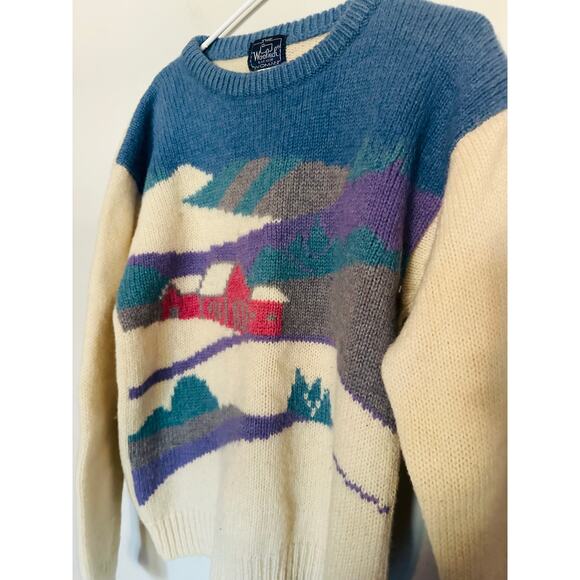 Vintage WOOLRICH Winter Nature Ski Town Print Womens Sweater 90s Size Large - Picture 7 of 10